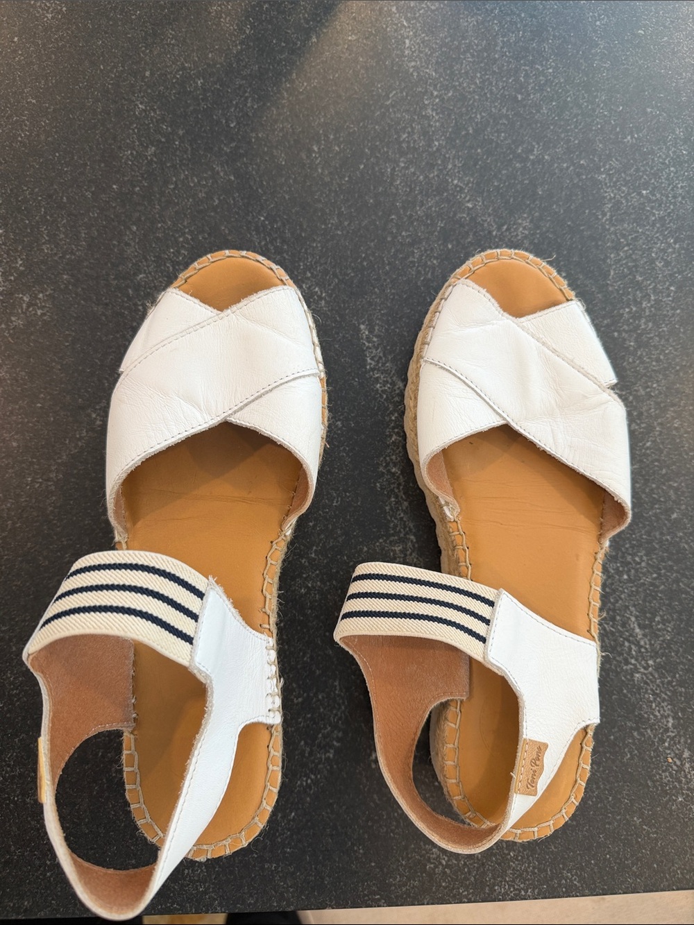 White Leather Crisscross Espadrille Sandals with Striped Elastic Heel